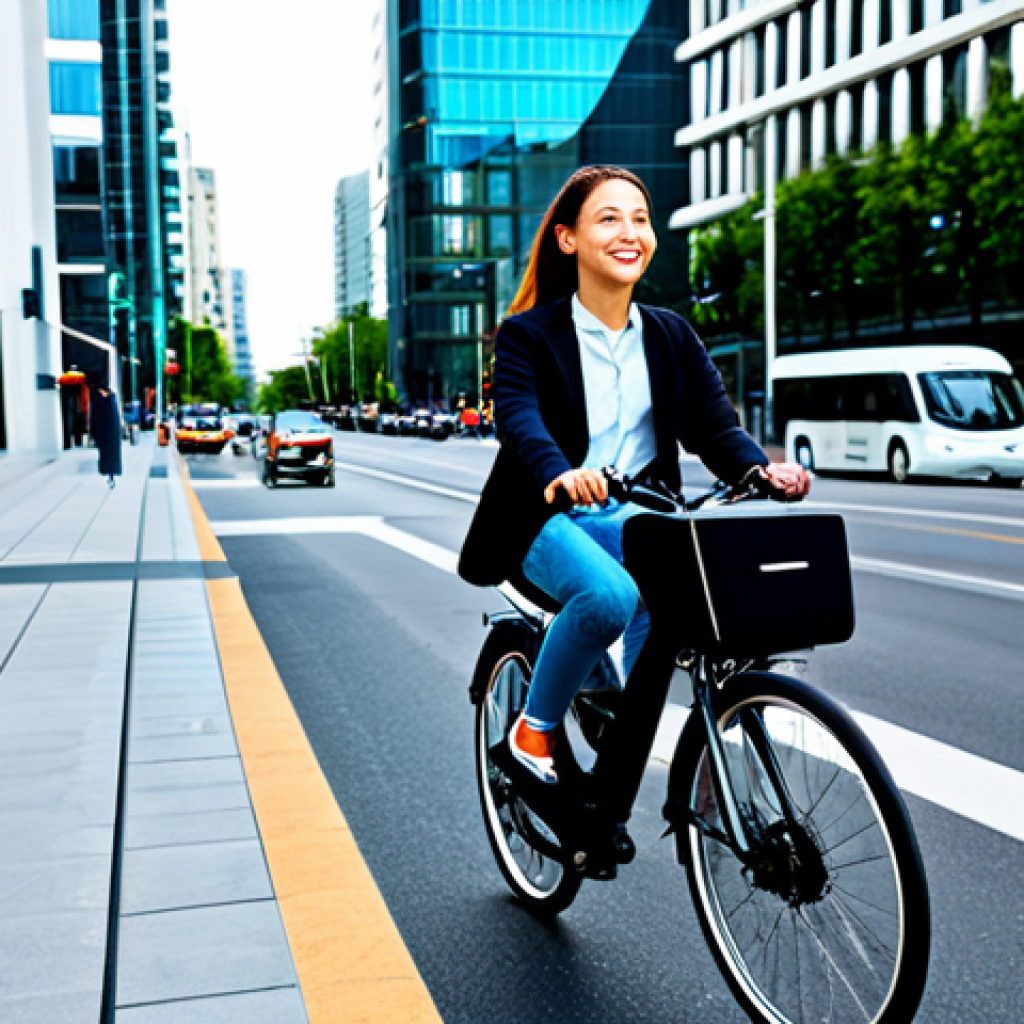 A professional young adult in modest, contemporary business casual attire, confidently riding a shared e-bike on a designated bike lane in a bustling, futuristic smart city. Intelligent traffic lights with dynamic light patterns are visible in the background, along with sleek autonomous shuttle vehicles quietly passing by. Modern high-rise buildings with integrated digital signage line the street, reflecting a sense of urban convenience and efficiency. The person is looking forward with a calm, positive expression, embodying seamless digital interaction within a smart urban environment. Fully clothed, appropriate attire, safe for work, perfect anatomy, correct proportions, natural pose, well-formed hands, proper finger count, natural body proportions, professional photography, high quality, family-friendly.