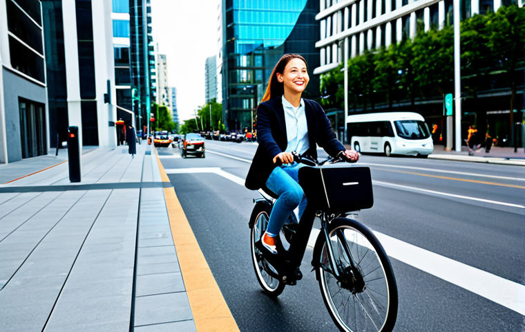 A professional young adult in modest, contemporary business casual attire, confidently riding a shared e-bike on a designated bike lane in a bustling, futuristic smart city. Intelligent traffic lights with dynamic light patterns are visible in the background, along with sleek autonomous shuttle vehicles quietly passing by. Modern high-rise buildings with integrated digital signage line the street, reflecting a sense of urban convenience and efficiency. The person is looking forward with a calm, positive expression, embodying seamless digital interaction within a smart urban environment. Fully clothed, appropriate attire, safe for work, perfect anatomy, correct proportions, natural pose, well-formed hands, proper finger count, natural body proportions, professional photography, high quality, family-friendly.