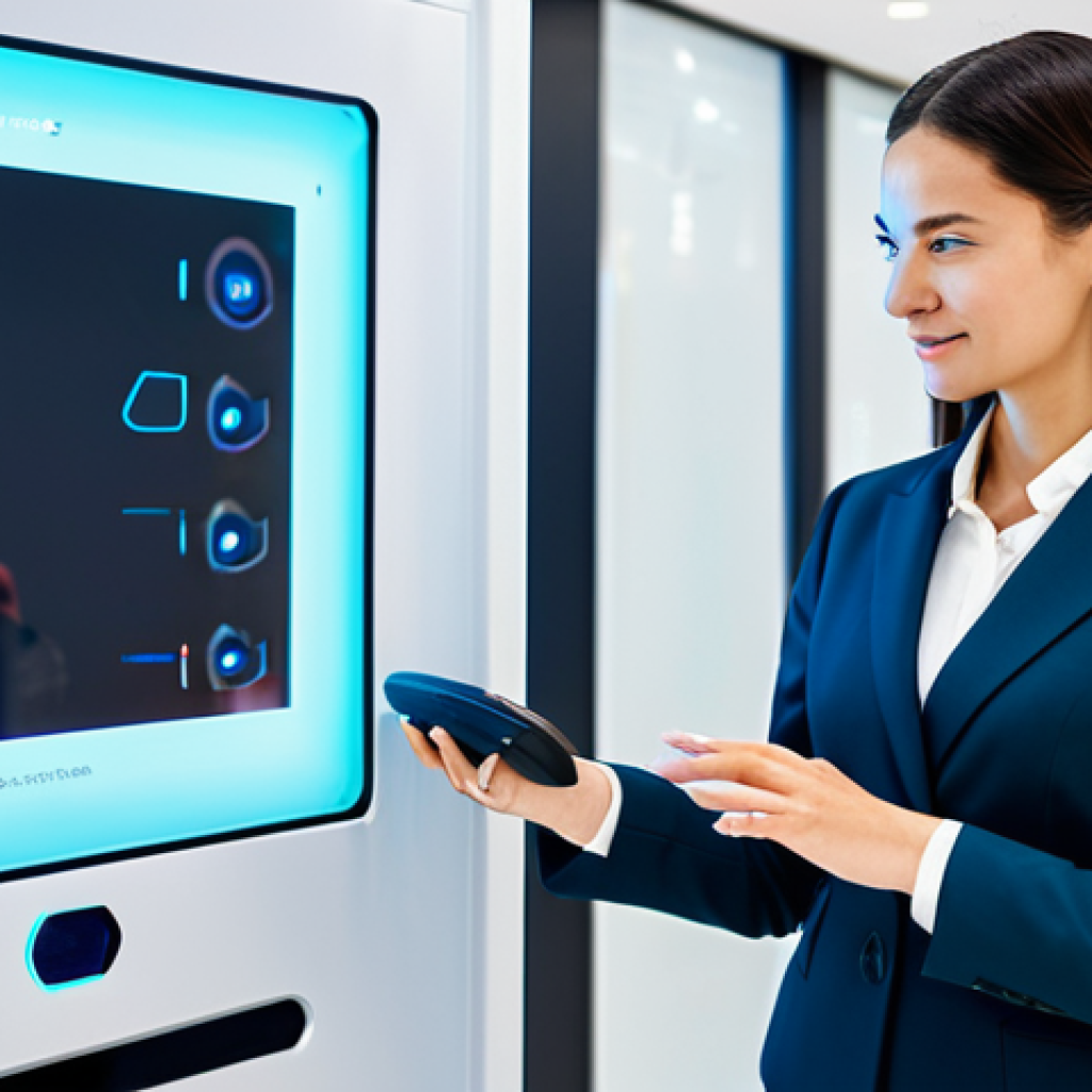 **Prompt 1: The Magic of Seamless Biometric Payment**
A professional businesswoman in a sleek, modest business suit, fully clothed, appropriate attire, standing confidently in front of a futuristic biometric payment terminal. Her hand is gracefully placed near the scanner, a subtle digital glow emanating from the device, symbolizing seamless data processing and advanced technology. The setting is a clean, modern, and high-tech retail environment with soft, ambient lighting. The atmosphere is efficient and sophisticated. professional photography, high-resolution, crisp focus, vibrant colors, depth of field, perfect anatomy, correct proportions, natural pose, well-formed hands, proper finger count, natural body proportions, safe for work, appropriate content, family-friendly.