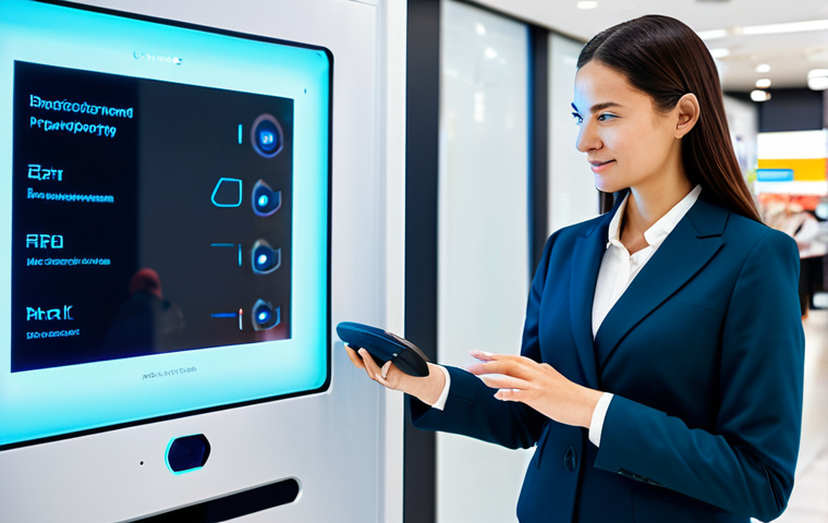 **Prompt 1: The Magic of Seamless Biometric Payment**
    A professional businesswoman in a sleek, modest business suit, fully clothed, appropriate attire, standing confidently in front of a futuristic biometric payment terminal. Her hand is gracefully placed near the scanner, a subtle digital glow emanating from the device, symbolizing seamless data processing and advanced technology. The setting is a clean, modern, and high-tech retail environment with soft, ambient lighting. The atmosphere is efficient and sophisticated. professional photography, high-resolution, crisp focus, vibrant colors, depth of field, perfect anatomy, correct proportions, natural pose, well-formed hands, proper finger count, natural body proportions, safe for work, appropriate content, family-friendly.