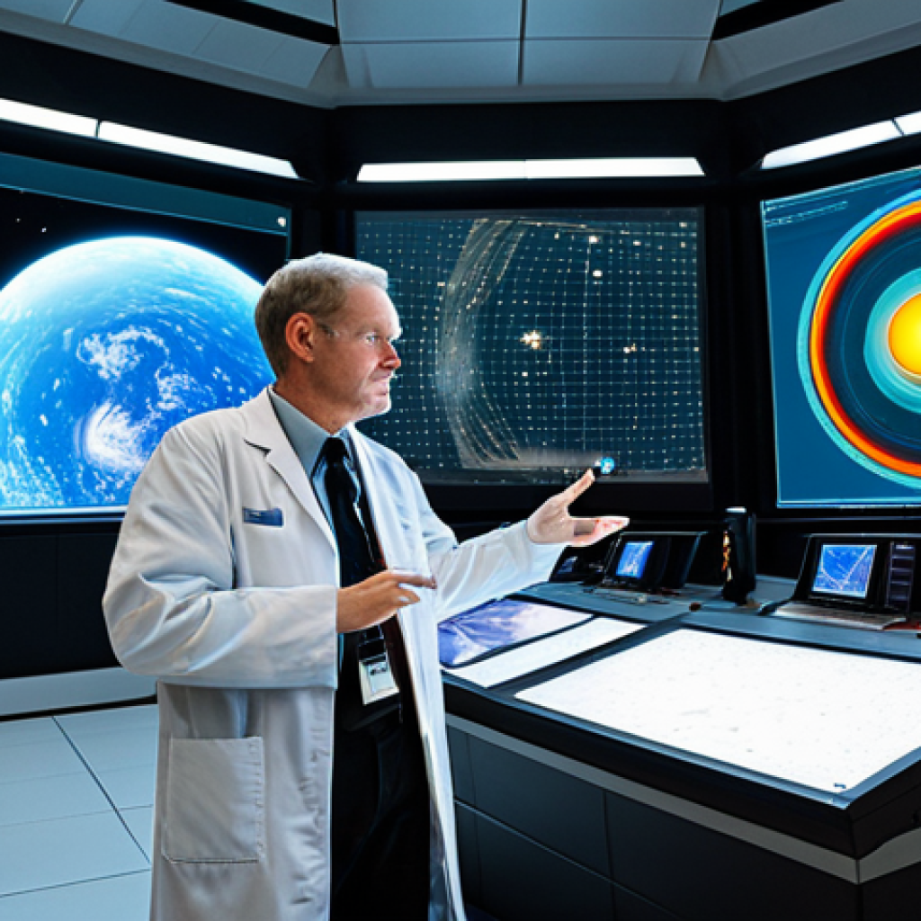 **Prompt 1: James Webb Space Telescope & Exoplanet Spectroscopy**
A professional astronomer, fully clothed in a modest lab coat, stands in a futuristic, dimly lit observatory control room. Large transparent screens display intricate, vibrant spectral data graphs showing an exoplanet's atmospheric composition, with subtle visual effects of light passing through a distant planet's atmosphere. The James Webb Space Telescope is visible outside a large window, observing the cosmos. perfect anatomy, correct proportions, natural pose, well-formed hands, proper finger count, natural body proportions, professional photography, high resolution, scientific accuracy, safe for work, appropriate content, fully clothed, professional, family-friendly.