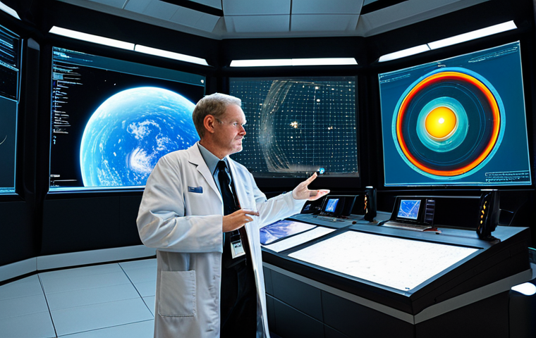 **Prompt 1: James Webb Space Telescope & Exoplanet Spectroscopy**
    A professional astronomer, fully clothed in a modest lab coat, stands in a futuristic, dimly lit observatory control room. Large transparent screens display intricate, vibrant spectral data graphs showing an exoplanet's atmospheric composition, with subtle visual effects of light passing through a distant planet's atmosphere. The James Webb Space Telescope is visible outside a large window, observing the cosmos. perfect anatomy, correct proportions, natural pose, well-formed hands, proper finger count, natural body proportions, professional photography, high resolution, scientific accuracy, safe for work, appropriate content, fully clothed, professional, family-friendly.
