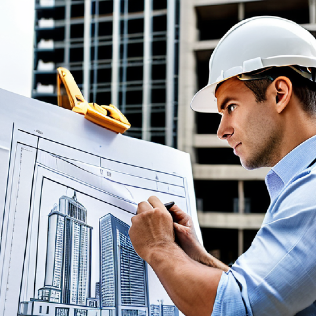 A professional architect, fully clothed in a modest business casual outfit, reviewing blueprints on a construction site with skyscrapers in the background, hard hat, safe for work, perfect anatomy, natural proportions, professional photograph, high resolution.