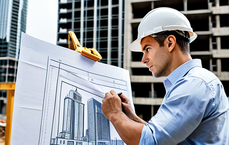 A professional architect, fully clothed in a modest business casual outfit, reviewing blueprints on a construction site with skyscrapers in the background, hard hat, safe for work, perfect anatomy, natural proportions, professional photograph, high resolution.