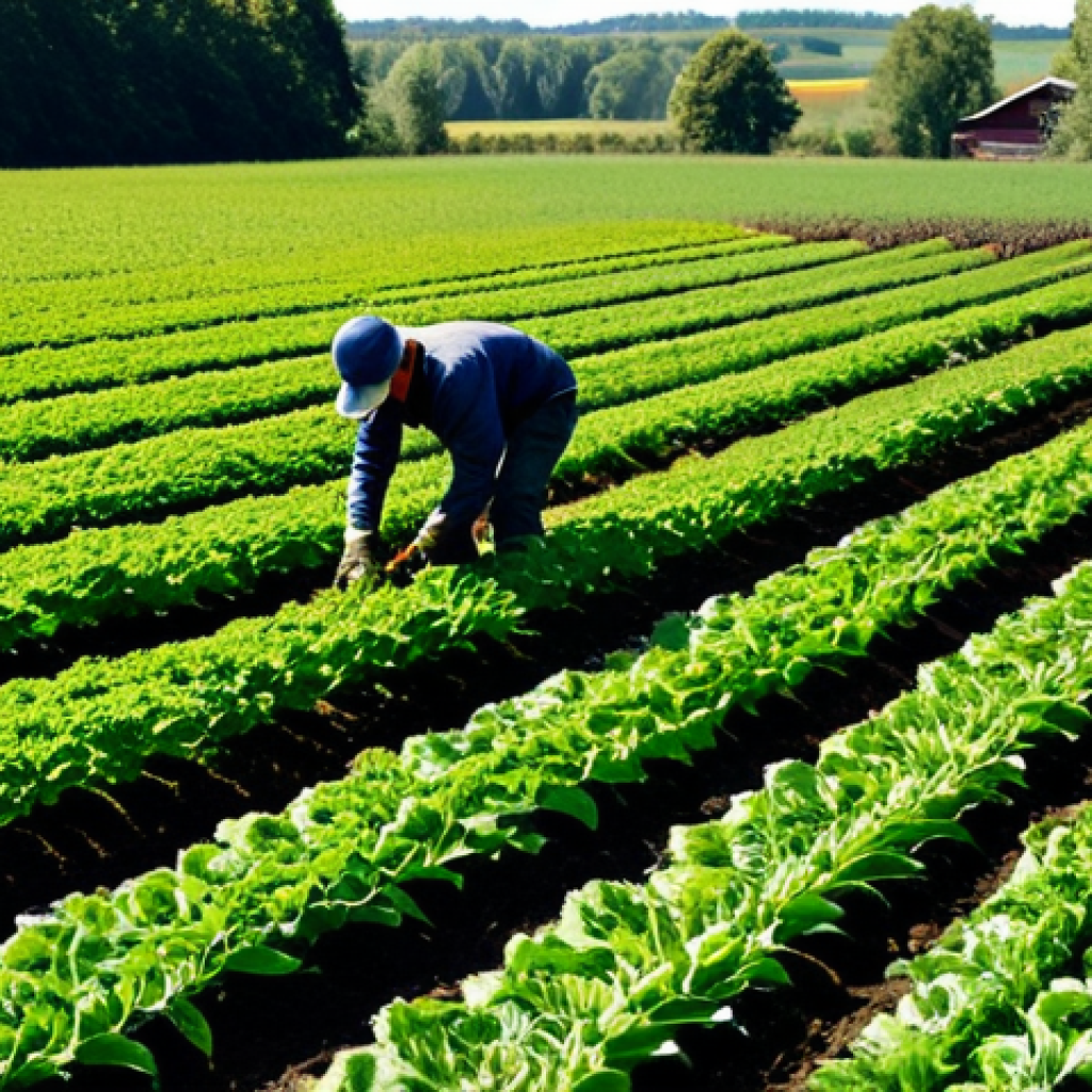 **Sustainable Agriculture Practices:** A professional, family-friendly image depicting sustainable agriculture practices, such as crop rotation or planting green manure. Show fields with diverse crops, fully clothed farmers tending the land, and a focus on healthy soil structure. Safe for work, appropriate content, perfect anatomy, natural proportions, high quality. Modest clothing.