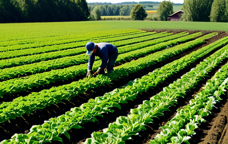 **Sustainable Agriculture Practices:** A professional, family-friendly image depicting sustainable agriculture practices, such as crop rotation or planting green manure. Show fields with diverse crops, fully clothed farmers tending the land, and a focus on healthy soil structure. Safe for work, appropriate content, perfect anatomy, natural proportions, high quality. Modest clothing.