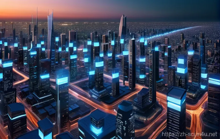 블록체인과 분산 네트워크 보안 - **Prompt 1: The Illusion of Decentralized Security**
    A vast, sprawling cityscape built entirely ...