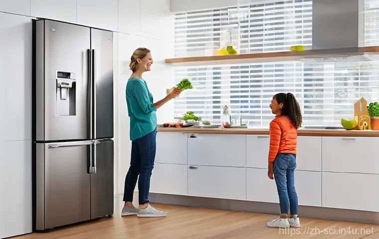 카르노 순환과 열역학 법칙 - **Prompt:** A vibrant, sunlit, modern kitchen interior. A family &ndash; a mother, father, and a curious y...