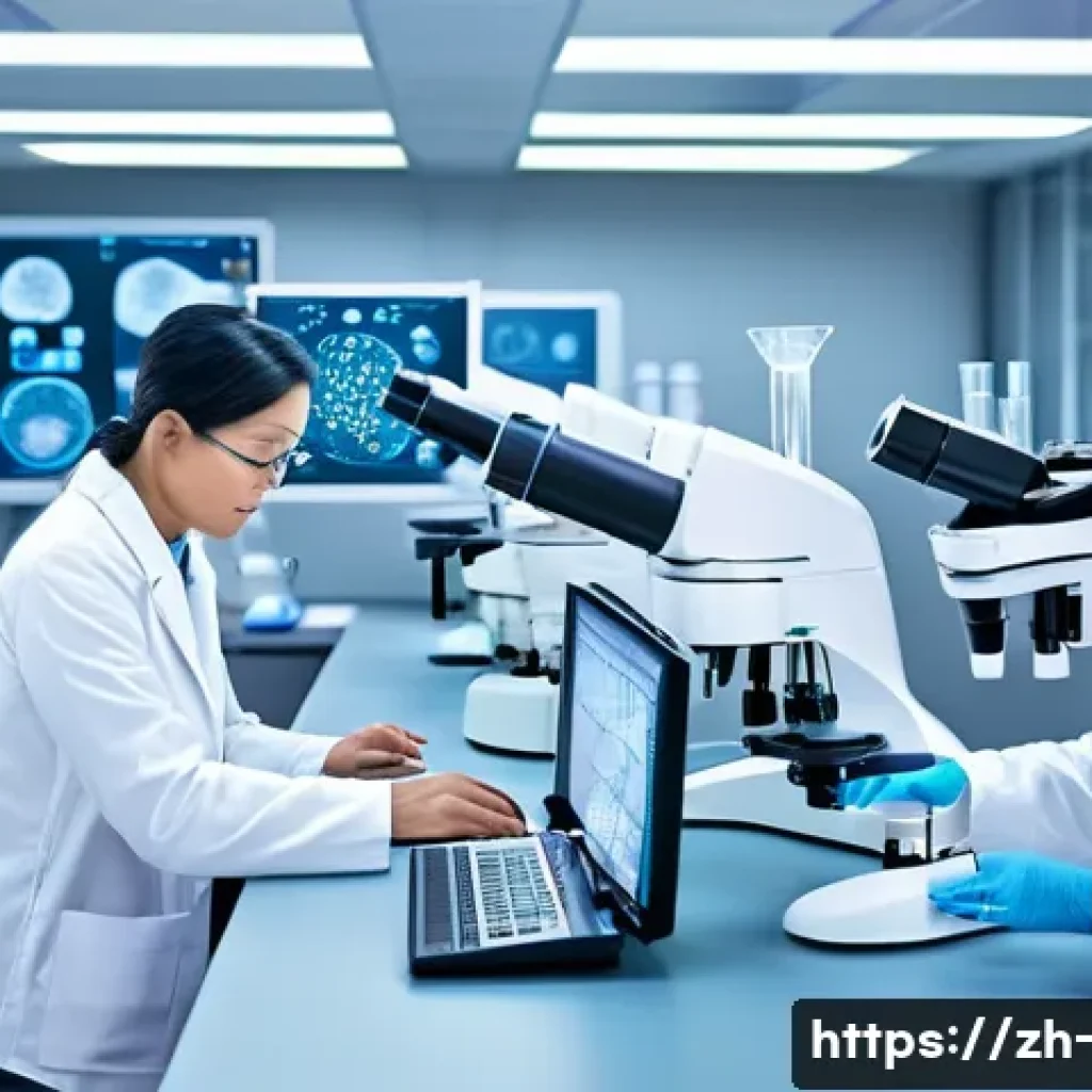 줄기세포 치료와 윤리적 문제 - A high-tech biomedical laboratory scene showcasing diverse stem cell research: prominently feature s...