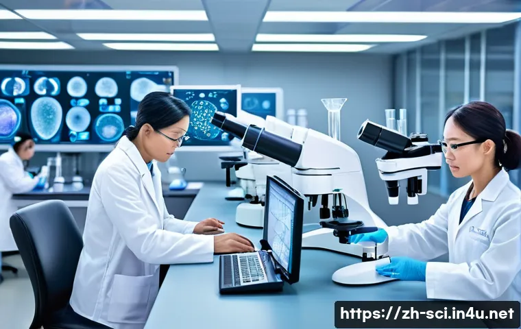 줄기세포 치료와 윤리적 문제 - A high-tech biomedical laboratory scene showcasing diverse stem cell research: prominently feature s...