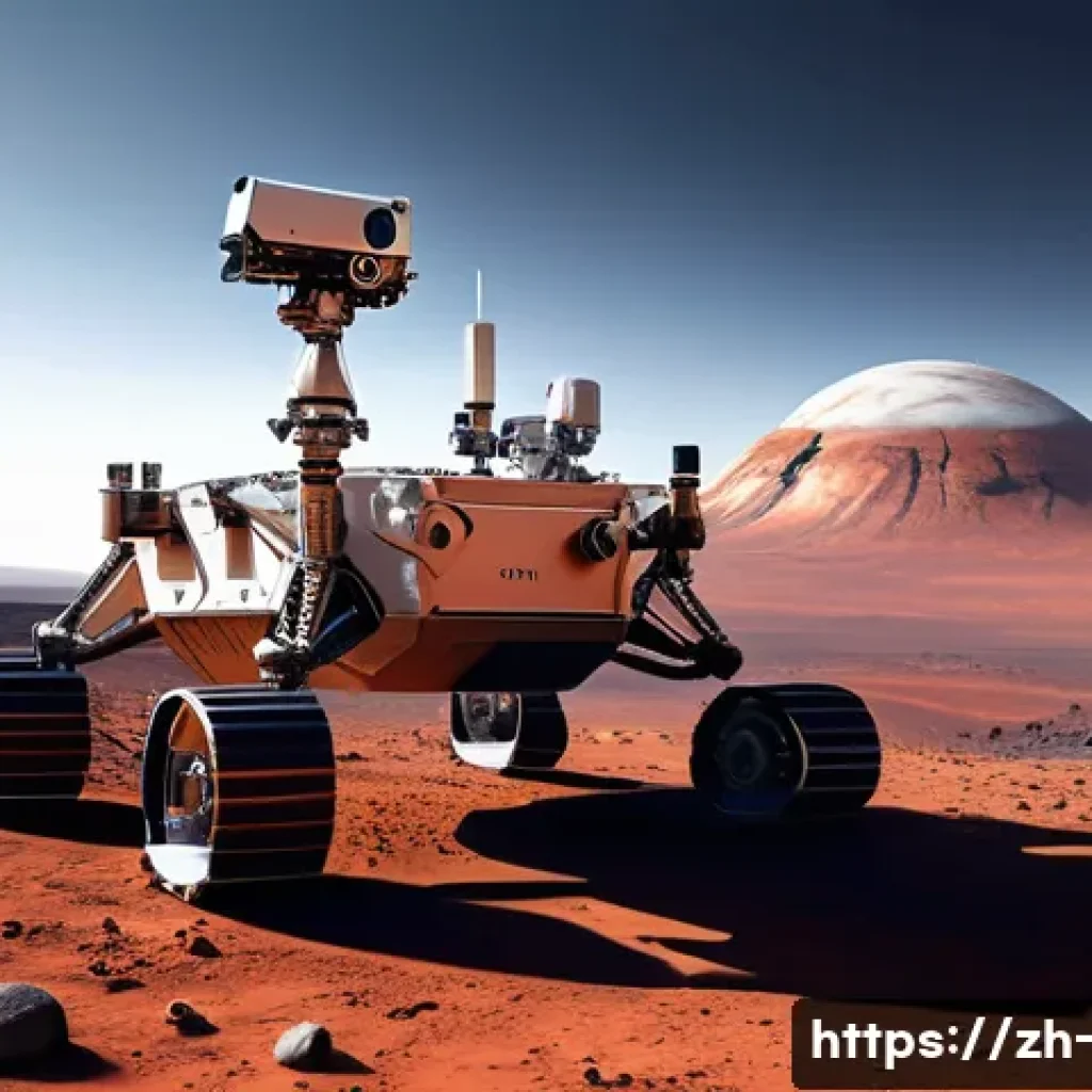 화성 탐사와 미래 정착 계획 - A futuristic Mars exploration rover navigating autonomously across the rugged red Martian terrain, e...