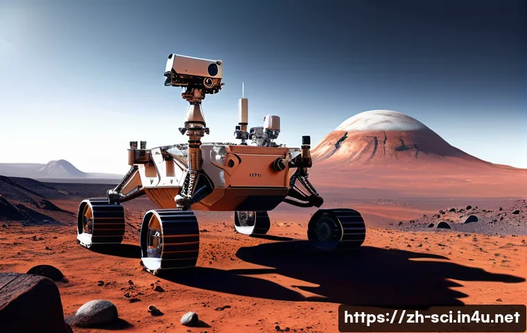 화성 탐사와 미래 정착 계획 - A futuristic Mars exploration rover navigating autonomously across the rugged red Martian terrain, e...