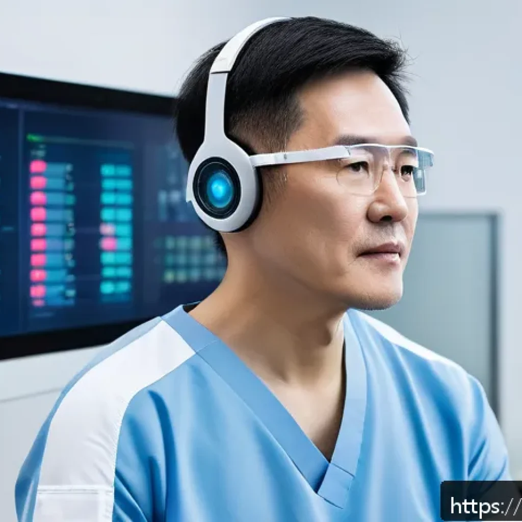 뇌 컴퓨터 인터페이스와 미래 전망 - A futuristic medical rehabilitation scene featuring a middle-aged Chinese stroke patient wearing a c...