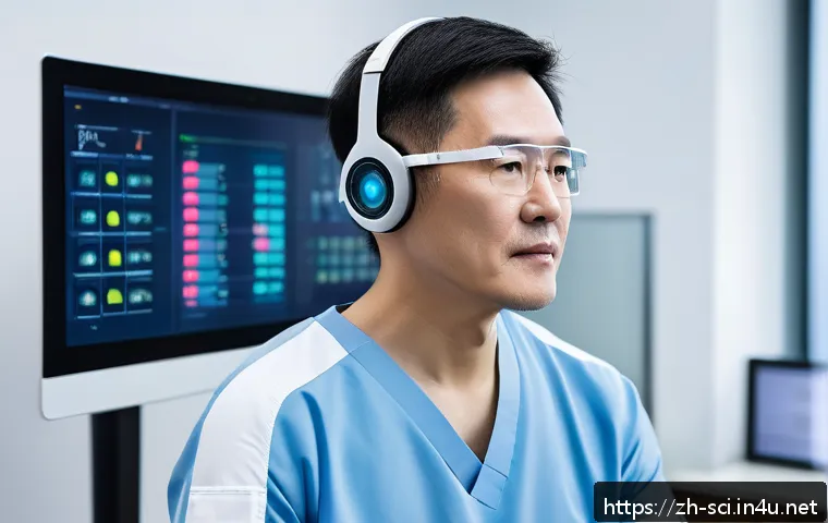 뇌 컴퓨터 인터페이스와 미래 전망 - A futuristic medical rehabilitation scene featuring a middle-aged Chinese stroke patient wearing a c...