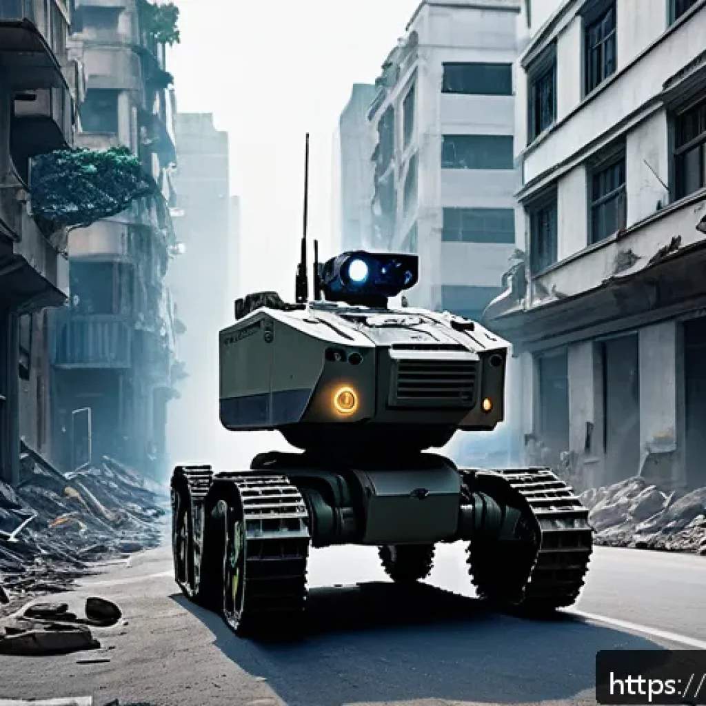 자율 로봇과 군사 기술 적용 - A highly detailed scene of an autonomous military reconnaissance robot navigating through a dense ur...