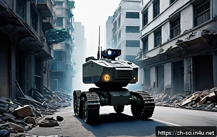 자율 로봇과 군사 기술 적용 - A highly detailed scene of an autonomous military reconnaissance robot navigating through a dense ur...
