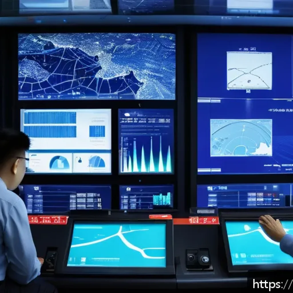 지진 예측 기술과 조기 경보 시스템 - A detailed futuristic earthquake monitoring control room filled with advanced distributed seismic se...