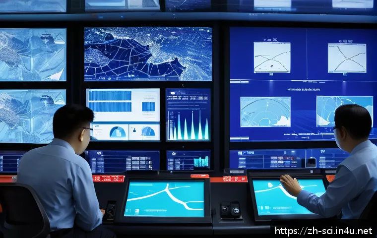 지진 예측 기술과 조기 경보 시스템 - A detailed futuristic earthquake monitoring control room filled with advanced distributed seismic se...