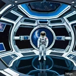 우주 정거장과 인공 중력 실험 - A highly detailed interior view of a futuristic rotating space station module designed to generate a...
