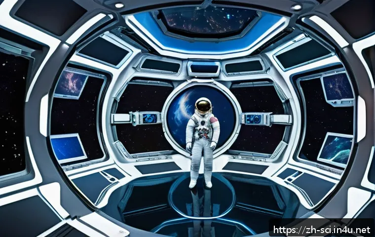우주 정거장과 인공 중력 실험 - A highly detailed interior view of a futuristic rotating space station module designed to generate a...