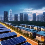 스마트 그리드와 에너지 저장 기술 - A futuristic urban community scene at dusk, featuring smart digital energy meters installed on moder...