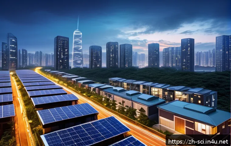 스마트 그리드와 에너지 저장 기술 - A futuristic urban community scene at dusk, featuring smart digital energy meters installed on moder...