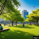 생태학과 생물다양성 보존 - A vibrant modern urban park featuring multifunctional green spaces with diverse native plants, color...