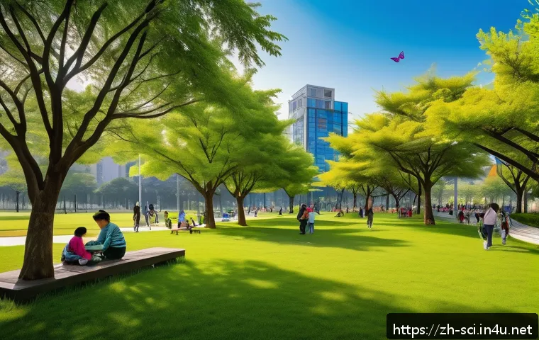 생태학과 생물다양성 보존 - A vibrant modern urban park featuring multifunctional green spaces with diverse native plants, color...