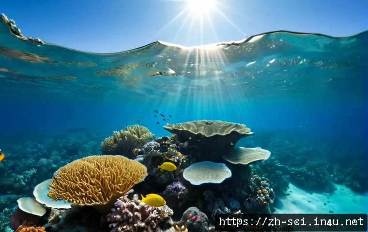 해양 산성화와 해양 생태계 변화 - Photorealistic underwater coral reef affected by ocean acidification, pale eroding coral structures ...