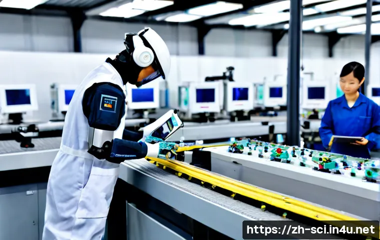 스마트 팩토리와 자동화 공정 - Photorealistic smart factory interior with a collaborative robotic arm precisely assembling small me...