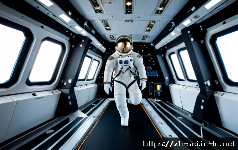 장기 우주여행과 인체 적응 - Photorealistic interior of a long-duration spacecraft habitat, an adult astronaut in a fitted full-b...